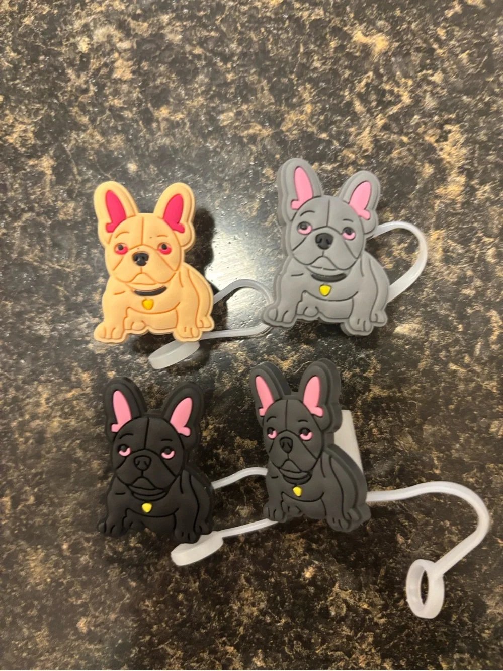Gray French Bulldog Pet Accessory. 4 Stanley type cup covers with Pink Accent